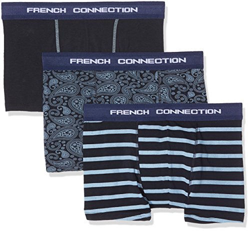 French Connection 3 Pack Boxers In A Box Slip, Multicolor (MRN Strip/Paisly/MRN 90), Large para Hombre