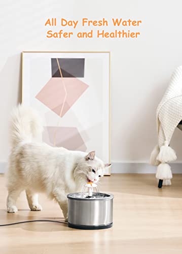 Fuente para Gatos, AONBOY 2,5L Bebedero Gatos de Acero Inoxidable, Iluminación Nocturna, Bomba Muy Silenciosa,Dispensador Automático de Agua para Mascotas con 2 Filtros de Carbón Activado(cableado)