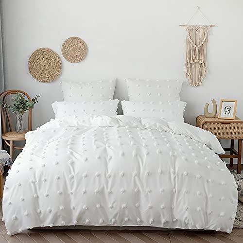 Funda Nordica Cama 180 con Pompones, Funda Edredon 230x260 cm Color Sólido Microfibra Suave Transpirable y 2 x Fundas de Almohada de 50x90 cm, Juego de Fundas Nórdicas Blanco