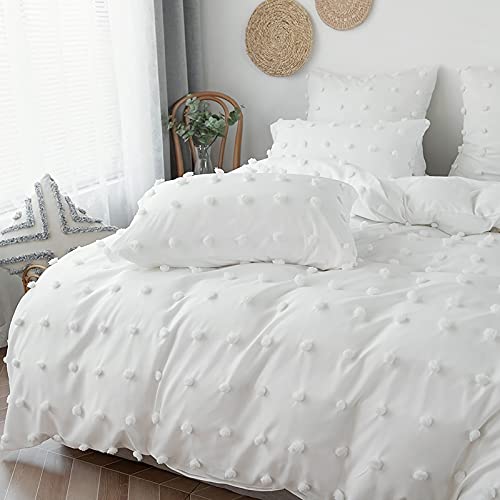 Funda Nordica Cama 180 con Pompones, Funda Edredon 230x260 cm Color Sólido Microfibra Suave Transpirable y 2 x Fundas de Almohada de 50x90 cm, Juego de Fundas Nórdicas Blanco