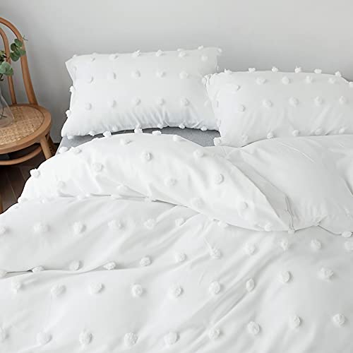 Funda Nordica Cama 180 con Pompones, Funda Edredon 230x260 cm Color Sólido Microfibra Suave Transpirable y 2 x Fundas de Almohada de 50x90 cm, Juego de Fundas Nórdicas Blanco