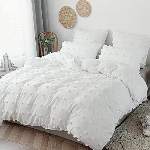 Funda Nordica Cama 180 con Pompones, Funda Edredon 230x260 cm Color Sólido Microfibra Suave Transpirable y 2 x Fundas de Almohada de 50x90 cm, Juego de Fundas Nórdicas Blanco