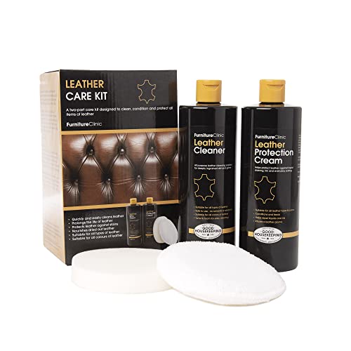 Furniture Clinic. Kit Completo para el Cuidado del Cuero | Limpiador de Cuero y Crema Protectora de Cuero para Sofás, Coches, Muebles | El Set para el Cuidado del Cuero incluye 500ml de Ultra Clean y 500ml de Acondicionador de Cuero y Esponjas