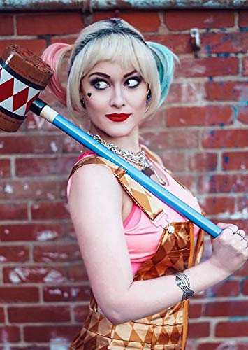 FVCENT Harley Quinn in a cosplay wig,rubio corto con pelo completo, peluca de raíz oscura con 2 colas de caballo rosa y menta, peluca azul rosa, peluca de doble cola para mujer, Halloween cosplay