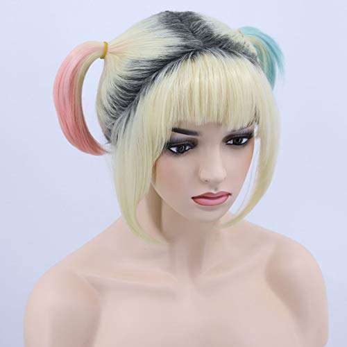 FVCENT Harley Quinn in a cosplay wig,rubio corto con pelo completo, peluca de raíz oscura con 2 colas de caballo rosa y menta, peluca azul rosa, peluca de doble cola para mujer, Halloween cosplay