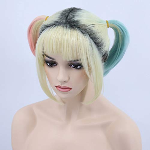 FVCENT Harley Quinn in a cosplay wig,rubio corto con pelo completo, peluca de raíz oscura con 2 colas de caballo rosa y menta, peluca azul rosa, peluca de doble cola para mujer, Halloween cosplay