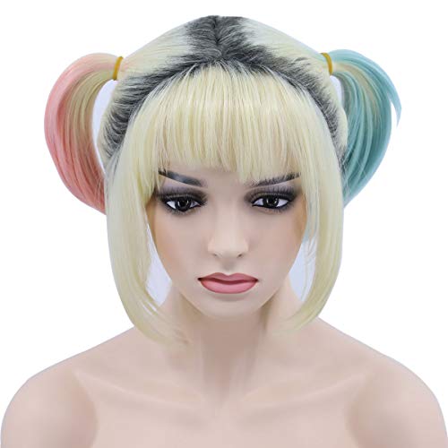 FVCENT Harley Quinn in a cosplay wig,rubio corto con pelo completo, peluca de raíz oscura con 2 colas de caballo rosa y menta, peluca azul rosa, peluca de doble cola para mujer, Halloween cosplay
