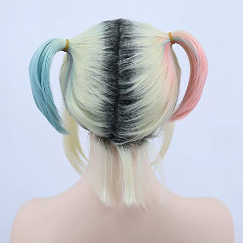 FVCENT Harley Quinn in a cosplay wig,rubio corto con pelo completo, peluca de raíz oscura con 2 colas de caballo rosa y menta, peluca azul rosa, peluca de doble cola para mujer, Halloween cosplay