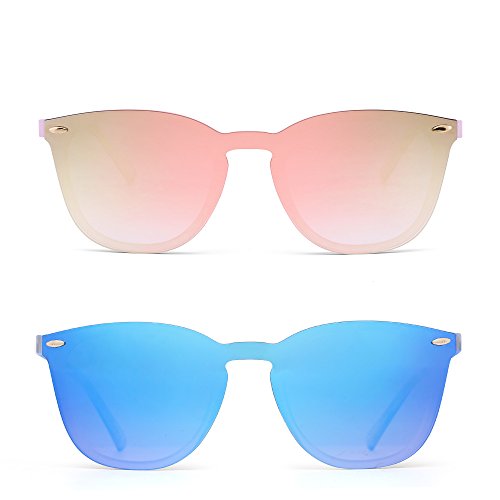 Gafas de Sol Sin Marco Una Pieza de Espejo Reflexivo Anteojos Para Hombre Mujer 2 Paquetes(Rosa&Azul)