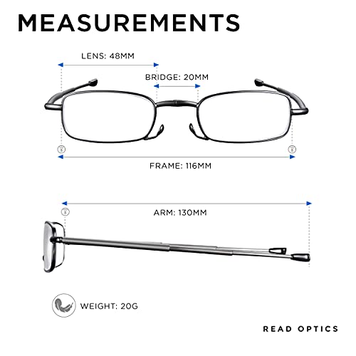 Gafas-Read Optics-de Lectura Vista Plegables de Hombre/Mujer Graduadas con Lentes Transparentes +2,00 Dioptrías (o desde +1,00 hasta +3,50). Funda Rígida, Patillas Telescópicas y Montura de Metal