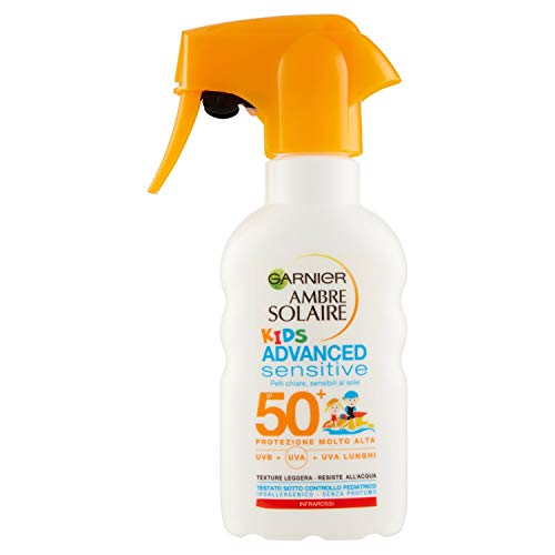 Garnier Ambre Solaire Advanced Sensitive Kids Protección Solar para niños Spray gachette de protección, IP 50 +, 200 ML Spray protector con pulverizador 200 ml