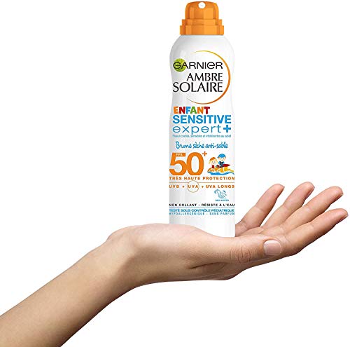 Garnier Ambre Solaire, Sensitive Expert +, Crème Solaire Enfant, Brume Sèche Anti-Sable et Waterproof, Visage et Corps, FPS 50, Lot de 2 x 200 mL