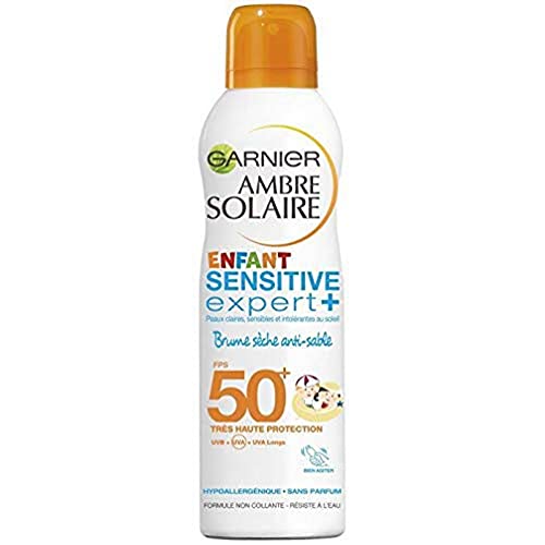 Garnier Ambre Solaire, Sensitive Expert +, Crème Solaire Enfant, Brume Sèche Anti-Sable et Waterproof, Visage et Corps, FPS 50, Lot de 2 x 200 mL