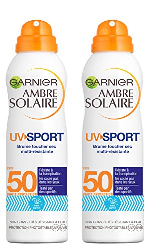 Garnier Ambre Solaire UV Sport - Lote de 2 botes de bruma protectora de textura seca, multirresistente, FPS 50 (200 ml)