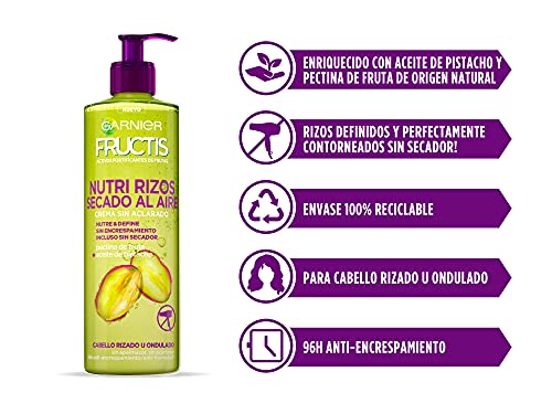 Garnier Fructis, Crema Sin Aclarado Nutri Rizos Secado al Aire, para Pelo Rizado u Ondulado, Con Pectina de Fruta y Aceite de Pistacho, Nutre y Define tu Rizos Sin Secador, Pack 3x400ml