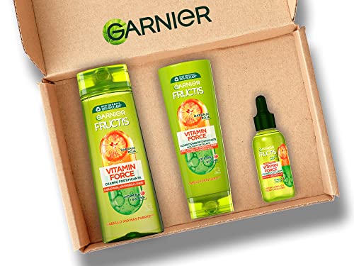 Garnier Fructis Pack Champú + Acondicionador + Tratamiento para Pelo con Tendencia a caerse, Naranja Roja, Vitamina C y Biotina, Limpia, Nutre, Vitamin Force, Pack de 3 Productos