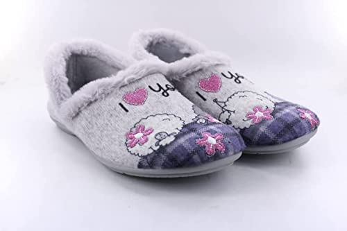 Garzon - Zapatillas Casa Cerrada para Mujer - Color: gris. Talla:40 - Suela goma ANTIDESLIZANTE. Dibujo yoga flores