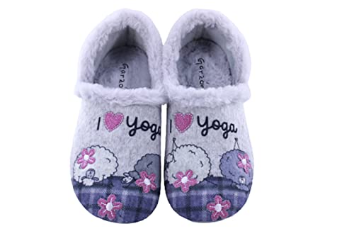 Garzon - Zapatillas Casa Cerrada para Mujer - Color: gris. Talla:40 - Suela goma ANTIDESLIZANTE. Dibujo yoga flores