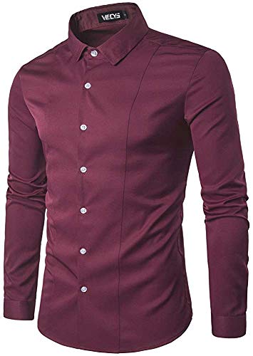 Gdtime Camisa De Vestir De Negocios para Hombres, Color Sólido Clásico, Manga Larga, Corte Slim, Camisas Casuales, Camisa De Vestir Resistente a Las Arrugas para Hombres, Tamaño (Rojo Vino, M)