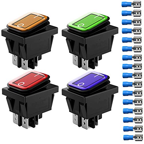 Gebildet 12V 24V 20A Interruptor Impermeable Basculante con indicador LED, 4 Pin 2 Posiciones ON-Off Interruptor DPST de Botón para Coche Camión Motocicleta Barco Marina (Rojo Amarillo Azul Verde)