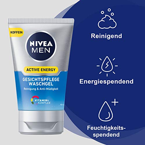 Gel de lavado Nivea Men Active Energy, 1 unidad de 100 ml, gel de limpieza para piel revitalizada, limpieza facial refrescante