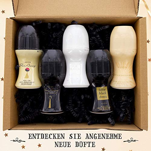 Genussleben Desodorante Avon Mix con Far Away, Pur Blanca, Incandessence, Far Away Glamour, Little Black Dress, Set de desodorante para mujer