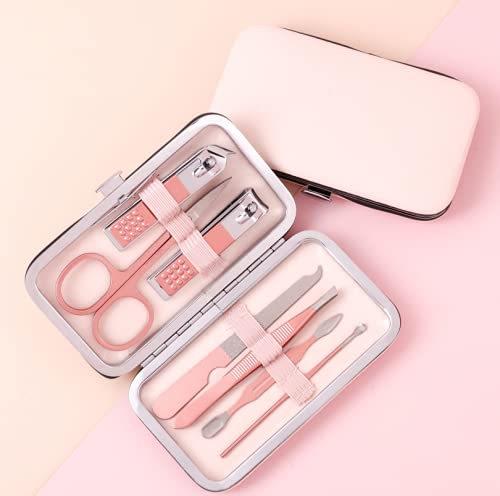 Gerleek Mini cortaúñas de viaje Set de manicura de lujo 7 en 1 profesional pedicura kit de aseo regalo para hombres, marido, novio, amante, padres, mujeres ancianas pacientes cuidado de uñas (rosa)