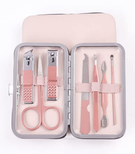 Gerleek Mini cortaúñas de viaje Set de manicura de lujo 7 en 1 profesional pedicura kit de aseo regalo para hombres, marido, novio, amante, padres, mujeres ancianas pacientes cuidado de uñas (rosa)