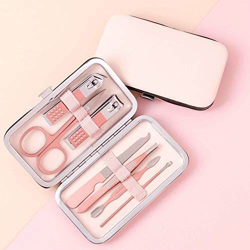 Gerleek Mini cortaúñas de viaje Set de manicura de lujo 7 en 1 profesional pedicura kit de aseo regalo para hombres, marido, novio, amante, padres, mujeres ancianas pacientes cuidado de uñas (rosa)