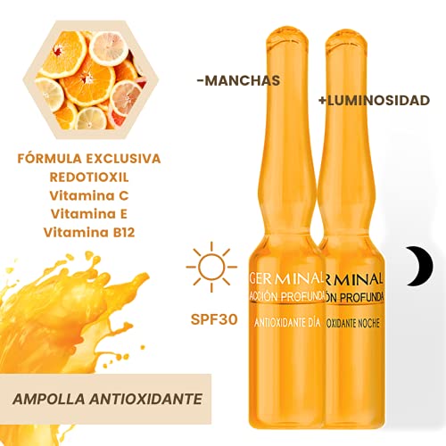 Germinal Acción Profunda - Sérum Facial Antioxidante de Noche, Ilumina, Reduce las Manchas y Previene el Envejecimiento, con Extracto de Ciruela de Kakadu y Vitamina E - 30 Ampollas de 1ml