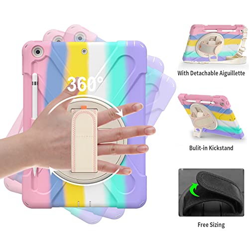 Gerutek Funda Anticaída para iPad 9.ª/iPad 8.ª/7.ª Generación 10.2" (2021/2020/2019 Modelo) Carcasa Rugosa con Soporte Rotación, Correa de Mano/Hombro, Funda Antichoque para iPad 9/8/7, Rosa Colorido