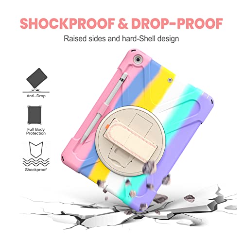 Gerutek Funda Anticaída para iPad 9.ª/iPad 8.ª/7.ª Generación 10.2" (2021/2020/2019 Modelo) Carcasa Rugosa con Soporte Rotación, Correa de Mano/Hombro, Funda Antichoque para iPad 9/8/7, Rosa Colorido