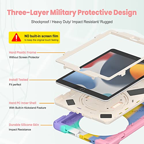 Gerutek Funda Anticaída para iPad 9.ª/iPad 8.ª/7.ª Generación 10.2" (2021/2020/2019 Modelo) Carcasa Rugosa con Soporte Rotación, Correa de Mano/Hombro, Funda Antichoque para iPad 9/8/7, Rosa Colorido