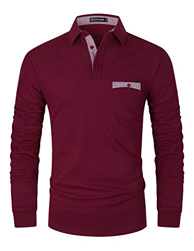 GHYUGR Polo Hombre Manga Larga Camiseta Deporte Clásico Elegante Cuadros Cuello T-Shirt,Z-Rojo,XL