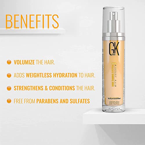 GK HAIR Global Keratin Hair Spray Volumizher (100ml/3.4 floz) Anti Frizz ajustable, Spray protector del calor para controlar el volumen, la textura y la fijación sin parabenos