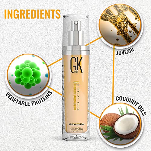 GK HAIR Global Keratin Hair Spray Volumizher (100ml/3.4 floz) Anti Frizz ajustable, Spray protector del calor para controlar el volumen, la textura y la fijación sin parabenos