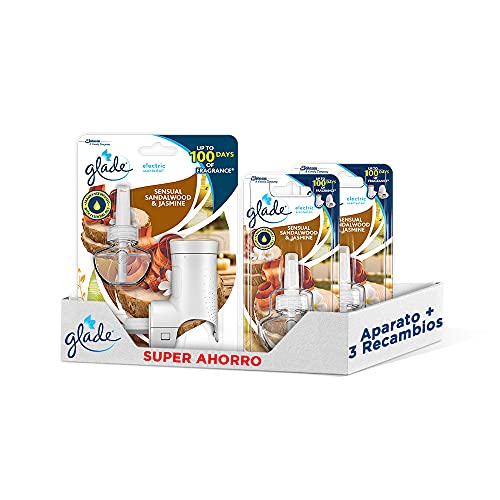 Glade® - Ambientador Eléctrico Líquido con aceites esenciales, aroma Bali, hasta 100 días, difusor + recambio, Pack de 1 Difusor + 3 Recambios