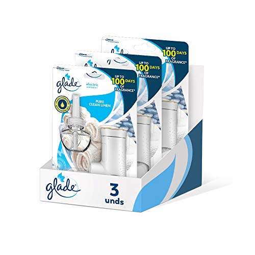 Glade - Ambientador Eléctrico Líquido con Aceites Esenciales, Aroma Frescor de Ropa, hasta 100 Días, Difusor + Recambio [Pack de 3]