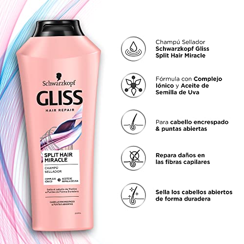 Gliss - Champú para pelo abierto y encrespado - Split Hair Miracle - 6uds de 370ml (2.220ml) – Gama Selladora