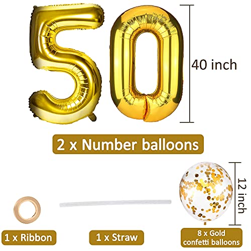 Globos de 50 cumpleaños,grandes globos de helio número 50 de 100 cm con globos de confeti de látex dorado de 30 cm/cinta/paja,juego de globos de papel para hombres y mujeres 50 cumpleaños decoraciones