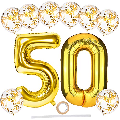 Globos de 50 cumpleaños,grandes globos de helio número 50 de 100 cm con globos de confeti de látex dorado de 30 cm/cinta/paja,juego de globos de papel para hombres y mujeres 50 cumpleaños decoraciones