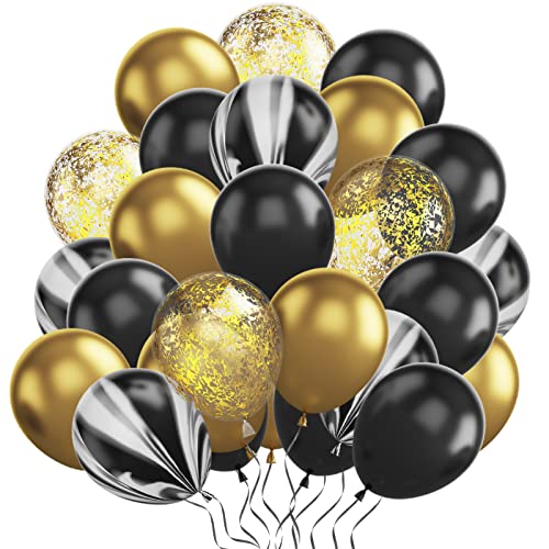 Globos Dorados y Negros, 60 Piezas Dorados y Negros Globos de Cumpleaños, Globos Helio de Oro Metálico Negro Globos de Confeti Dorados Globos Cumpleaños Para Bodas, Carnaval, Decoracion Para Fiestas