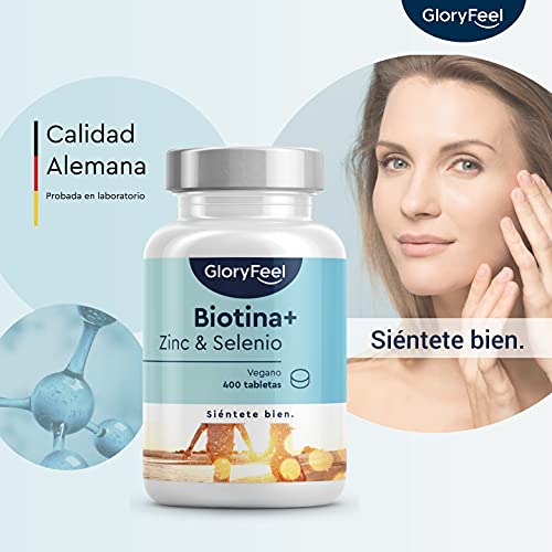 GloryFeel Biotina + Zinc + Selenio - 400 Comprimidos Veganos (Suministro para 1+ año) - Apoya el crecimiento del cabello y fortalece la piel y las uñas - Sin aditivos innecesarios
