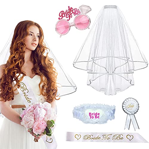 Gloryit 5 pieza Set de Novia Decoracion Despedida de Soltera Accesorios Hen Party Decorations Lncluir, Fajín, Velo Novia Blanco con Peine, Placa, Gafas, Liga Bride Decoracion