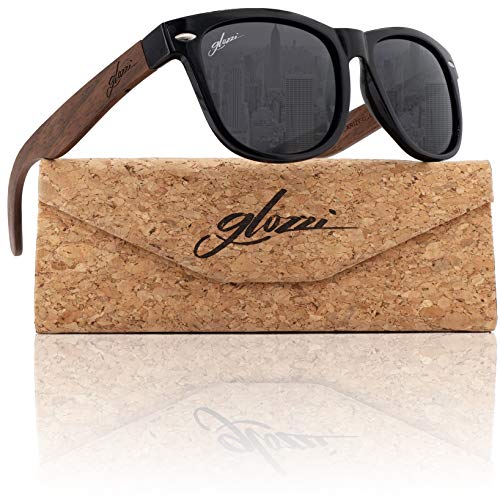 glozzi Gafas de sol madera de nogal para hombre y mujer con lentes polarizadas UV400, patillas de madera y estuche de corcho
