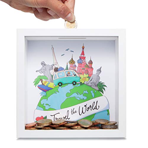 GLÜCKSWOLKE - Hucha Viaje I Travel the World I Huchas originales para Adultos I Huchas de Dinero I Hucha Viajar De Madera I Regalo para Viajeros I 3D Marco de Fotos I Mapa del Mundo I Regalar Dinero