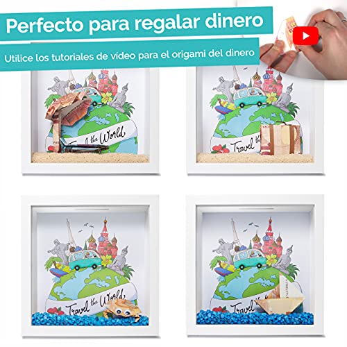 GLÜCKSWOLKE - Hucha Viaje I Travel the World I Huchas originales para Adultos I Huchas de Dinero I Hucha Viajar De Madera I Regalo para Viajeros I 3D Marco de Fotos I Mapa del Mundo I Regalar Dinero