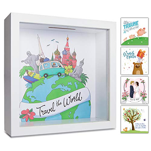 GLÜCKSWOLKE - Hucha Viaje I Travel the World I Huchas originales para Adultos I Huchas de Dinero I Hucha Viajar De Madera I Regalo para Viajeros I 3D Marco de Fotos I Mapa del Mundo I Regalar Dinero