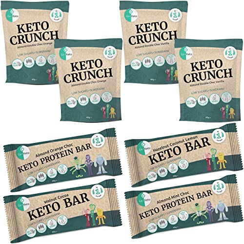 Go-Keto Trial Pack - 2x Keto Bar, 2x Protein Bar, 4x Keto Crunch (40g cada una) | con proteína de guisante, almendras, aceite de coco, semillas de calabaza, cacao | perfecto para la dieta keto, vegano