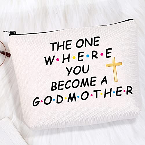 Godmother Best Friends Gifts The One Where You Become a Godmother - Bolsa de maquillaje para madrina, regalo de bautismo para amigos, Lona.,